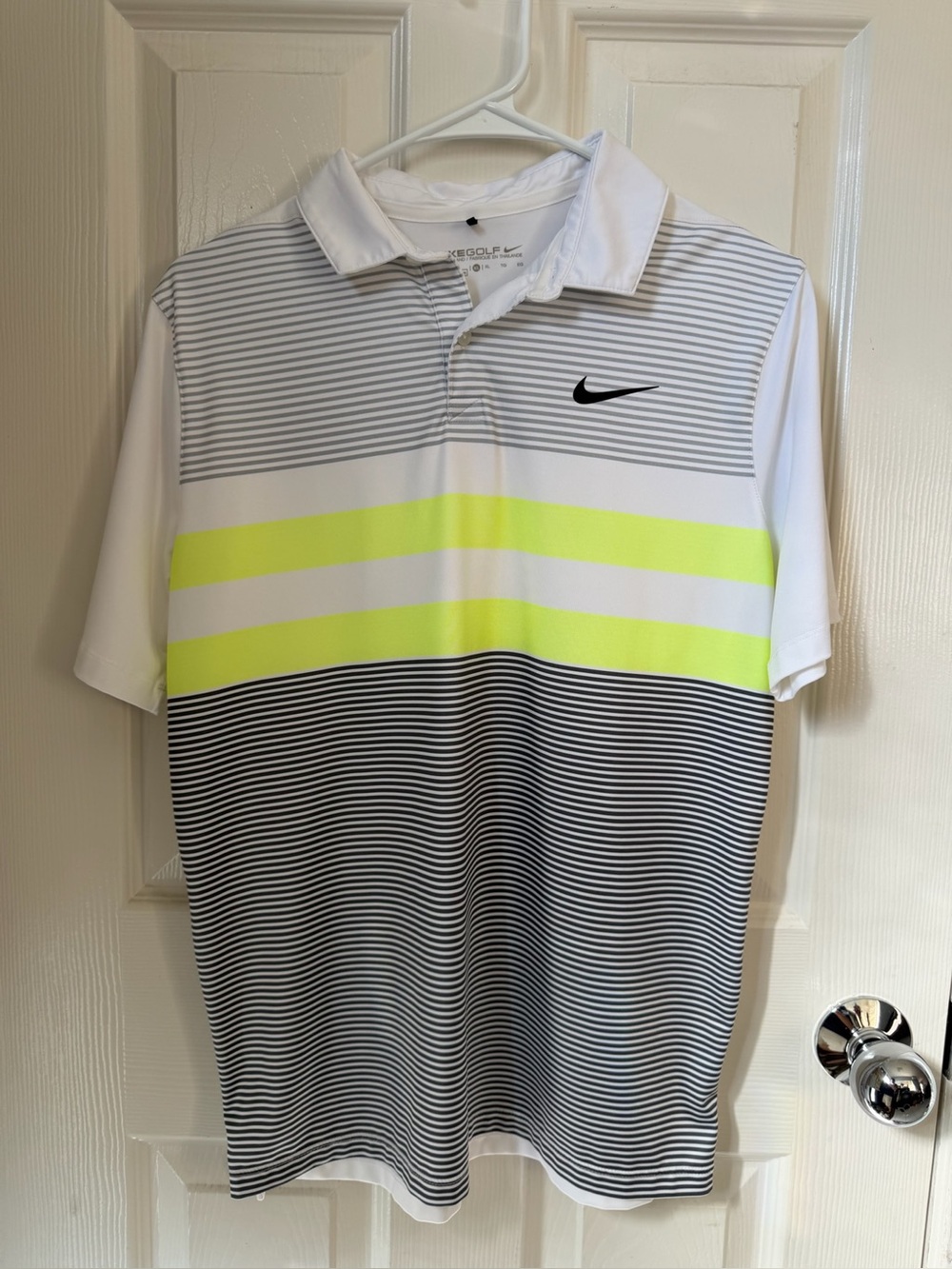 Nike Golf Youth XL Dri-FIT Striped Polo White Gray Volt